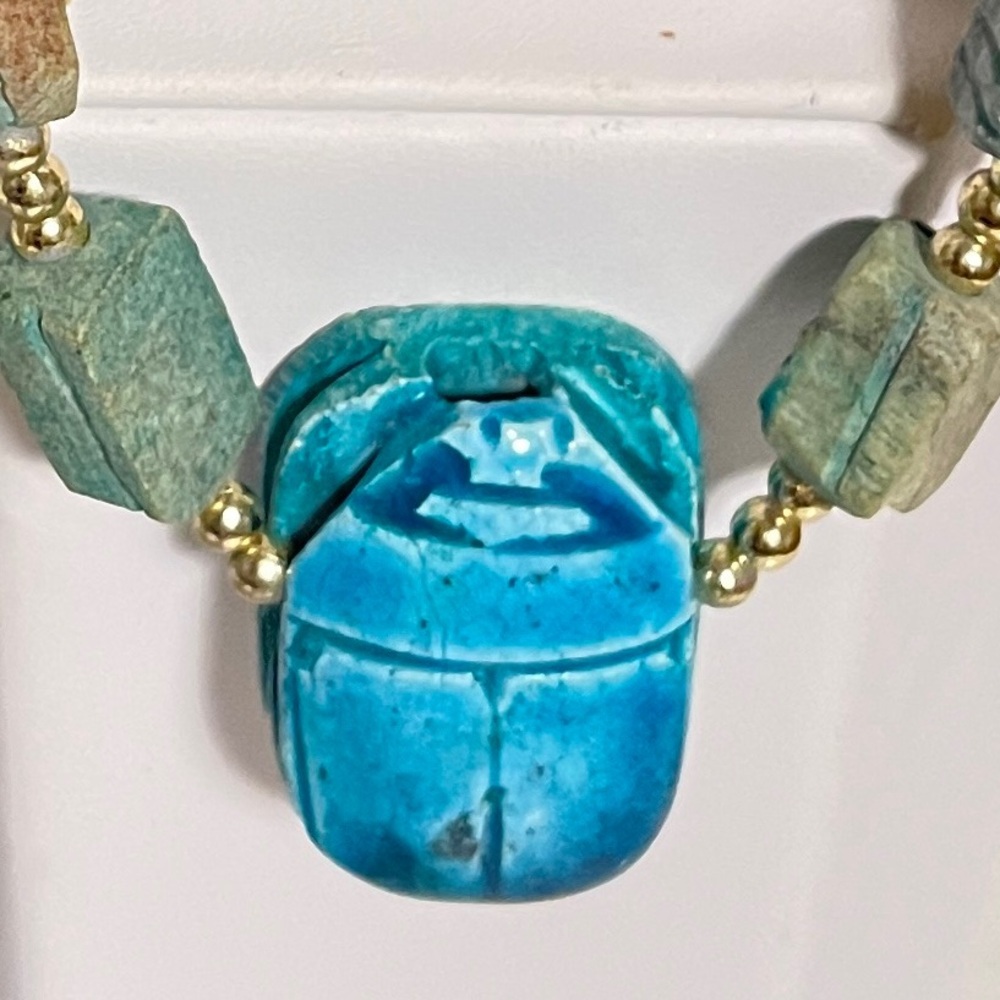 Vintage Necklace Egyptian Revival Scarab Beetle Faience Soapstone Beaded - Picture 5 of 6
